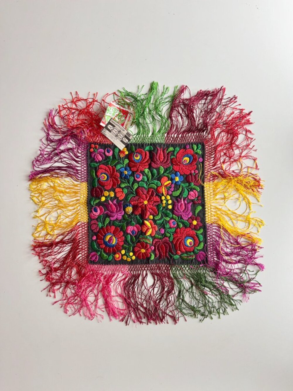 Vintage NWT Hungarian Floral Matyo Embroidered Cotton Fringe Tablecloth Placemat